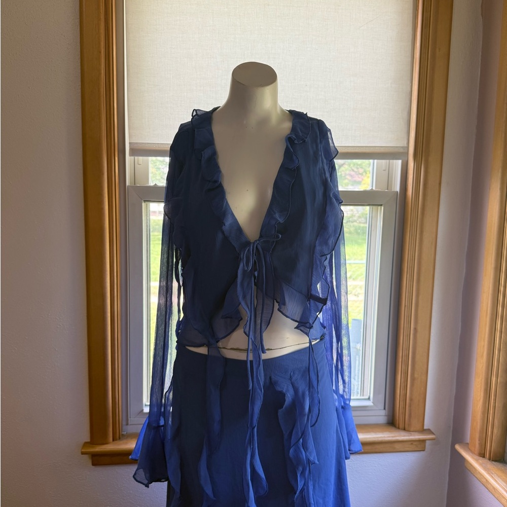 Blue Sheer Ruffle Top and Skirt Set
